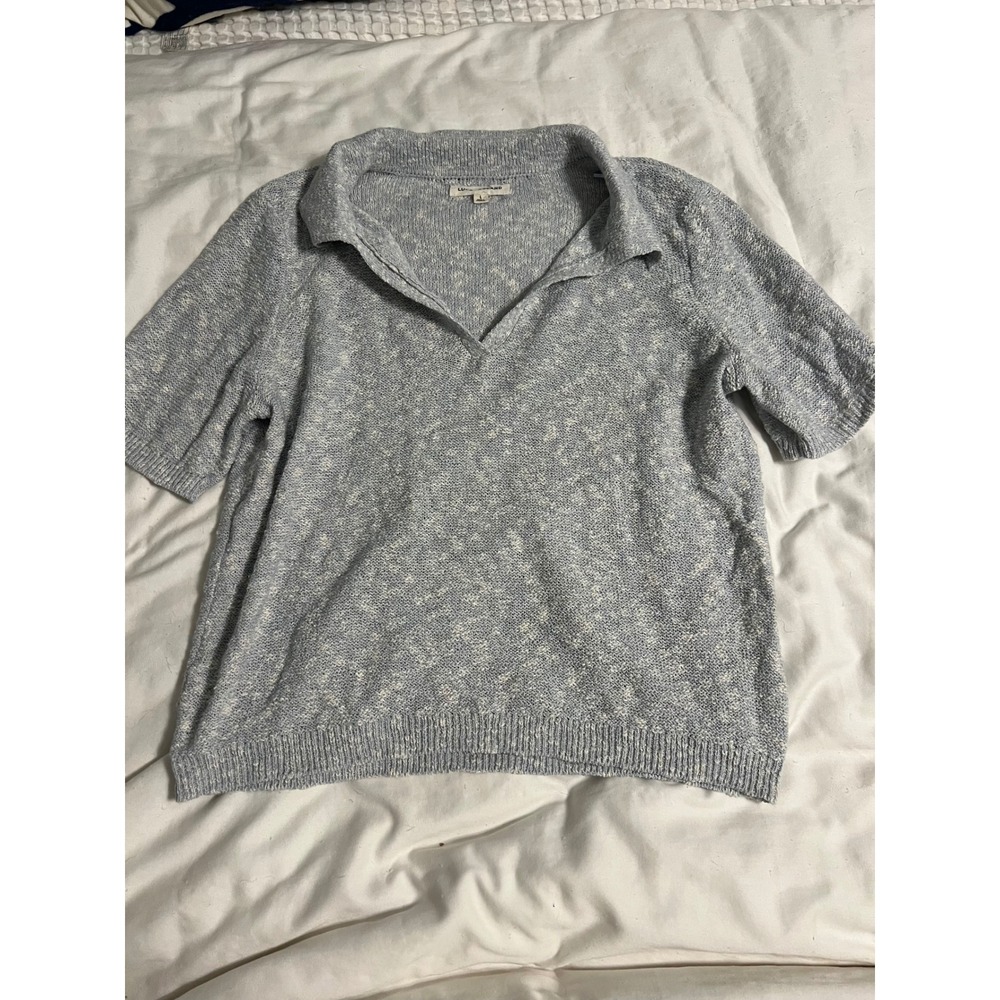 Lucky Brand Blue Marled Knit Polo Sweater Short Sleeve V-Neck Top Large 160643
